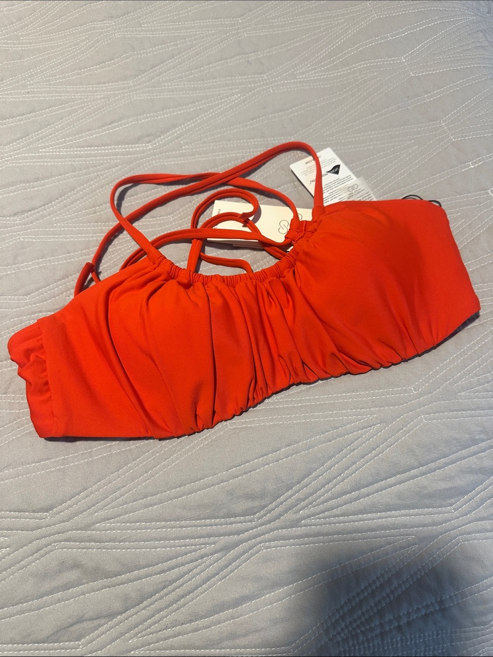 Calia Red Ruched Bandeau Bikini Top with Strappy Back